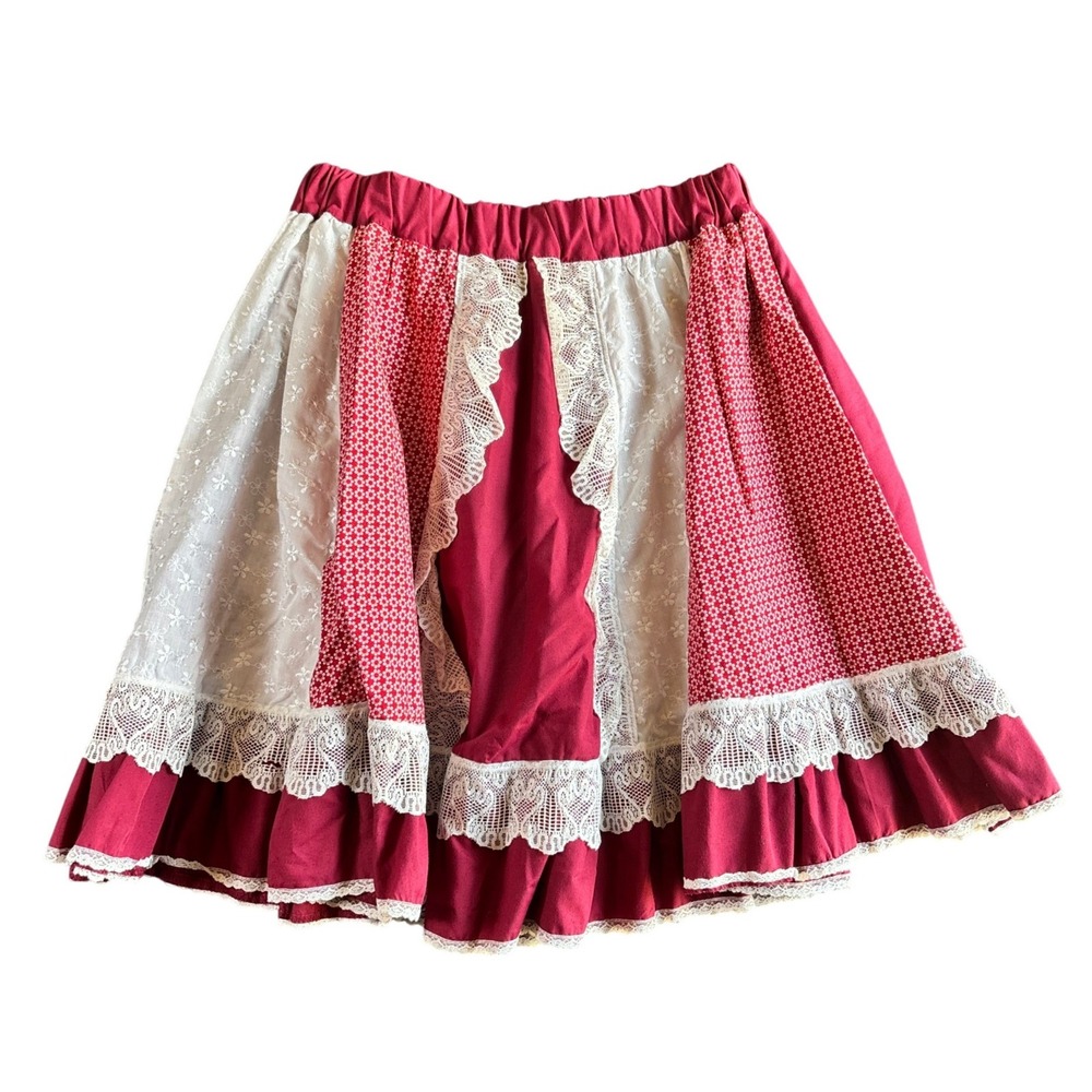 Handmade Square Dance Skirt S Red Patchwork Eyelet Lace Cottagecore Prairie 70's